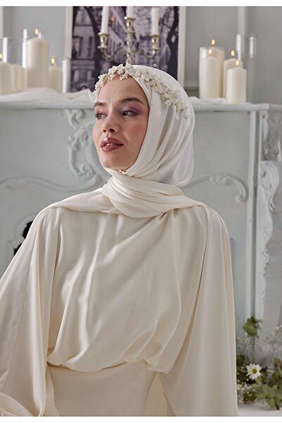 gül sezgin butik KADIN BEYAZ SATEN JANJAN ABİYE TESETTÜR ŞAL