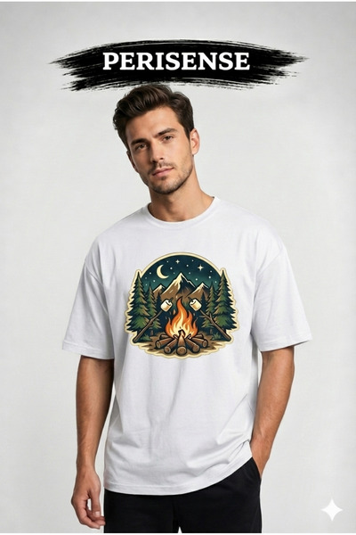 PERISENSE Unisex Cosmic Campfire Printed Premium Combed Cotton Oversized T-Shirt