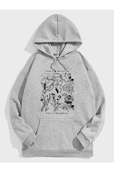 my feminen هوديي للجنسين بتصميم بسيط مطبوع بغطاء رأس جيب قصة فضفاضة سويت شيرت...