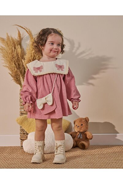 Magu Baby Girl Dusty Rose Collared Dress with Bag