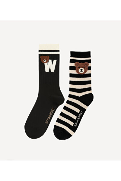 Katia&Bony Children's Teddy Patterned 2-Piece Sock Socks Black