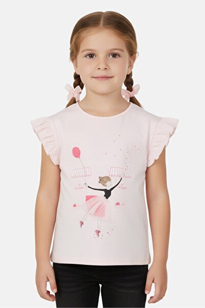 Lili Gaufrette Kids Girl Round Neck Ruffle Sleeves Graphic Print Top, Light Pink