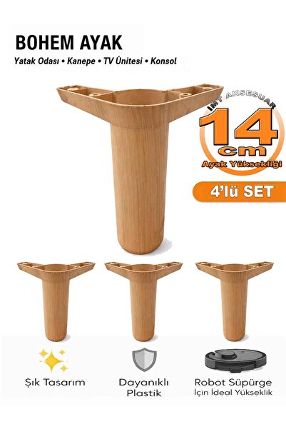 İMT AKSESUAR Bohem 14 cm Açık Ceviz 4 Adet Mobilya Ayağı Robot Süpürgeye Uyum...
