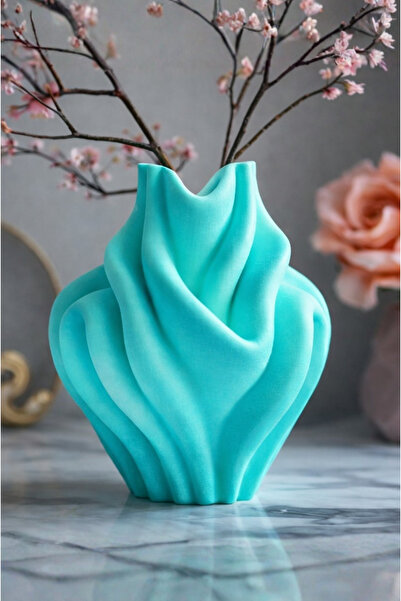 Lovalio 20 cm Modern Dekoratif Turkuaz Vazo Dalgalı Tasarım Salon Ofis İçin Ş...