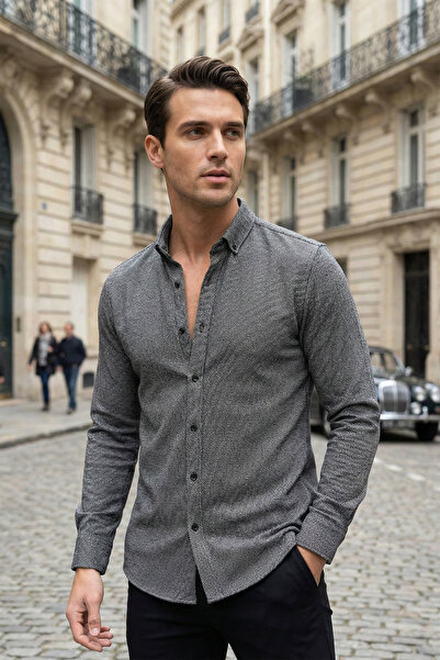 NAZEF Slim Fit Stretch Fabric Long Sleeve Men's Casual Black Shirt