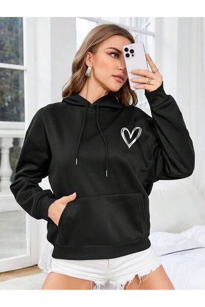 my feminen هوديي للجنسين بتصميم بسيط مطبوع بغطاء رأس جيب قصة فضفاضة سويت شيرت...