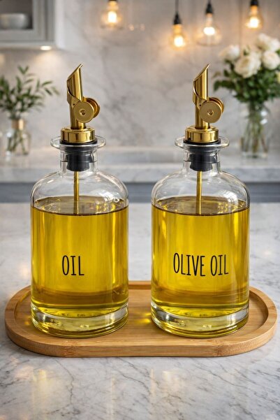 morponi Set of 2 Transparent Glass Oil Bottles with Bamboo Stand and Gold Hea...