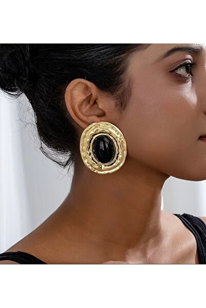 SELUVİA Kadın Büyük Vintage Gold Küpe – Ortası Siyah Taşlı, Retro Şık Tasarım...