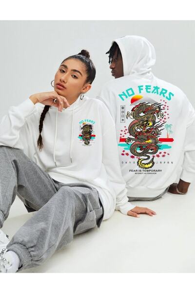 my feminen سويت شيرت للجنسين قصة فضفاضة أبيض No Fears مطبوع بغطاء رأس 3 Thread