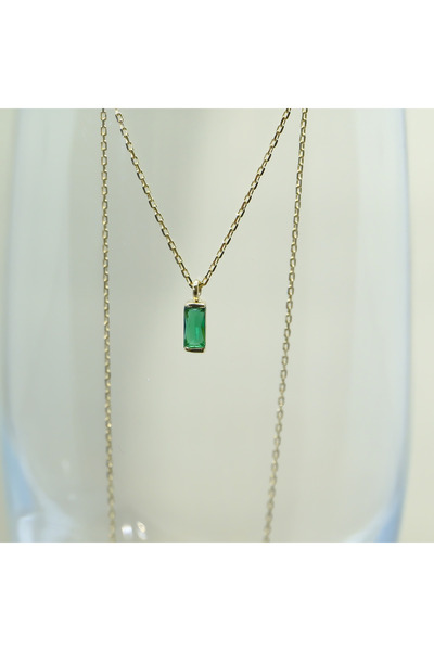 FasekGold Baget Tektaş Kolye-Zümrüt (Yeşim) Taşlı Gümüş Baget Kolye