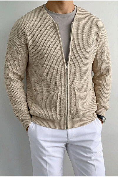 MADZEYMODA Men's Zippered Stone Beige Knitwear Cardigan Mz62003