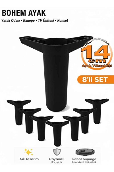 İMT AKSESUAR Bohem 14 cm Siyah 8 Adet Mobilya Ayağı Robot Süpürgeye Uyumlu Ko...