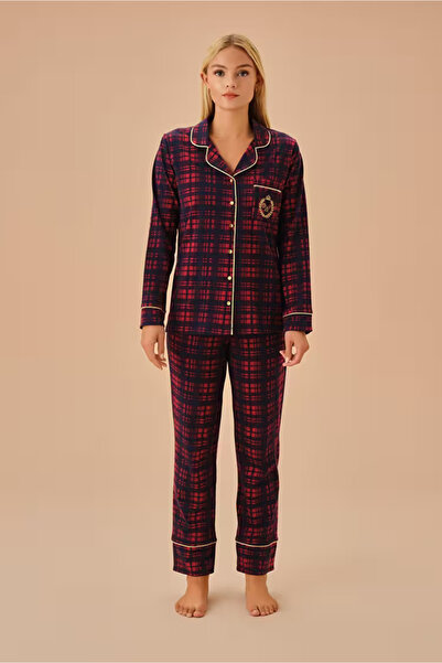 DREAM FASHION Navy Blue Plaid Hailey Shirt Collar Pajama Set