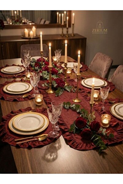 ZERİUM Ruffled Raw Linen 7-Piece Runner and Placemat Stylish Tableware & Pres...