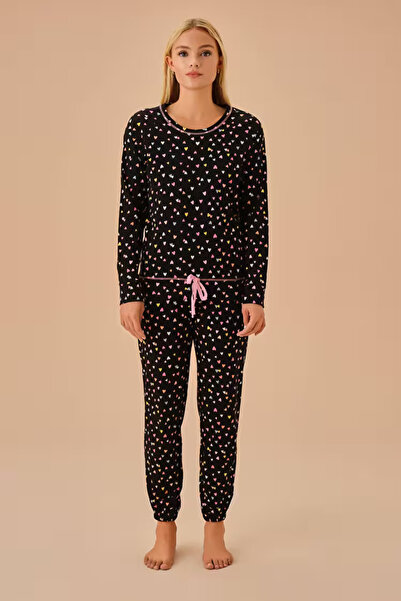 DREAM FASHION Black Patterned Heart Pajama Set