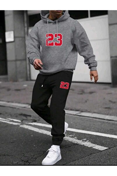 my feminen Printed Bottom Top Hooded Tracksuit Set Gray