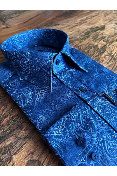 Chamis Slimfit Navy Blue Shawl Patterned Cotton Satin Long Collar Shirt