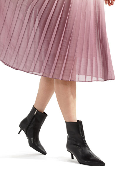 PİMORA Black Leather Ankle Boots Pointed Toe 5 cm Thin Heel Zippered New Season