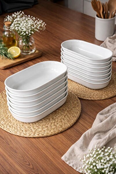 KÜTAHYAMUTFAK Porcelain Appetizer, Breakfast 20cm Boat-Shaped Plate Set of 6