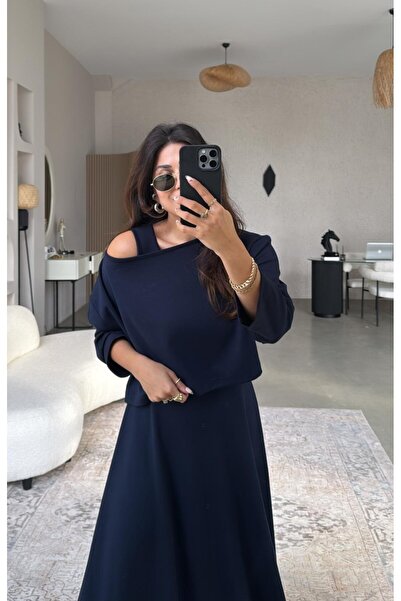 Mars Lacivert Modal Elbise Crop Bluz İkili Takım