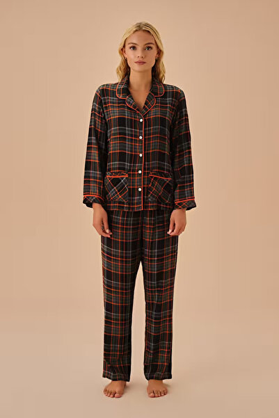 DREAM FASHION Orange Plaid Chelsea Shirt Collar Pajama Set