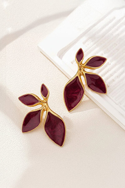 Glaren Bordo Mineli Yaprak Altın Renk Kadın Küpe