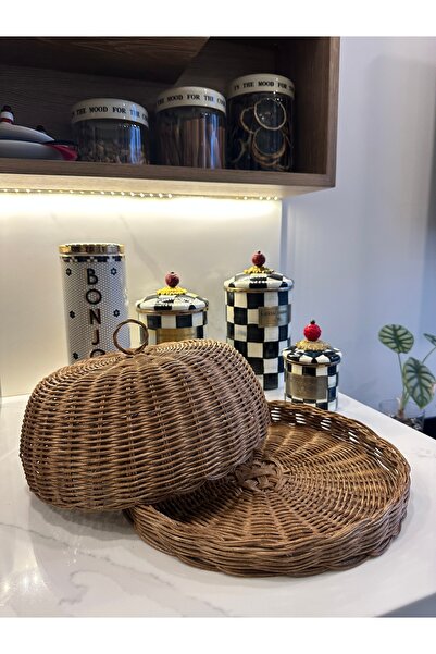 Lovenwoven Rattan Standlı Kek Fanus Kapağı Kapaklı Kek Standı Ceviz Renk