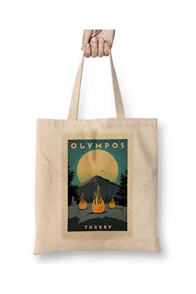 Toyaso Antalya Olimpos Yanartaş White Cloth Bag Long Handle Shopping Bag Beac...