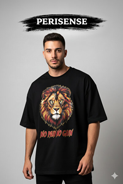 PERISENSE Unisex Fierce Lion Printed Premium Combed Cotton Oversized T-Shirt