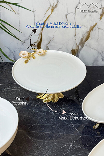 MAY HOME Kand Ayaklı Pasta Sunum Tabağı & Yuvarlak Porselen Tabak Laleza Model