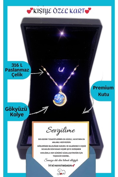 ganispe "Sevgiliye" Anlamlı Not Işıklı Premium Kutuda Gökyüzü Gezegn Kolye