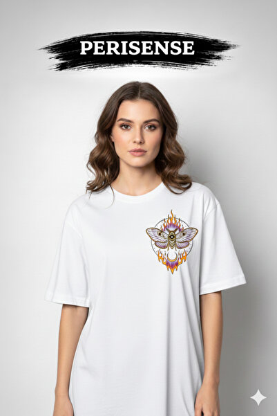 PERISENSE Unisex Electric Moth Printed Premium Combed Cotton Oversized T-Shirt