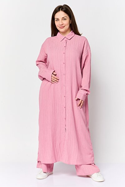 Anne Klein Women 2 Pieces Textured Long Shirt And Palazzo Pants Set, Pink