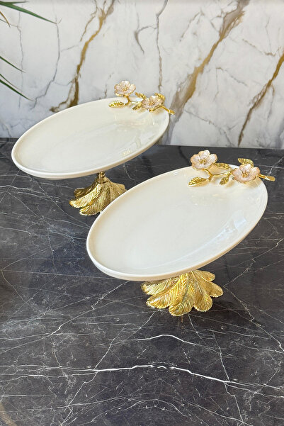 MAY HOME Laleza Kand Ayaklı Oval Meze Sunum Tabağı & Porselen Kayık Tabak