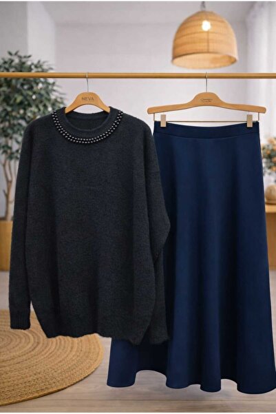 MODA VEDAT Women's Collar Pearl Soft Sweater - Puff Skirt Set -0510