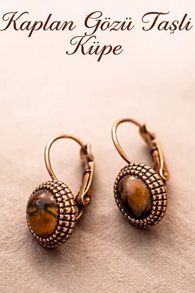 İyyaKee Kadın Bakır Küpe Doğal Kaplan Gözü Taşlı 0tantik Model Saf Bakır Küpe