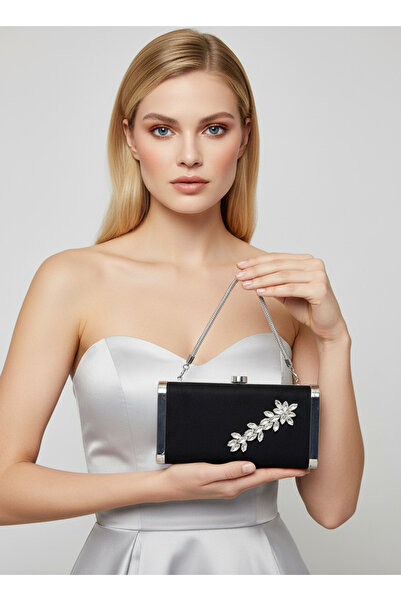 Biçanta Black Silver Luxury Suede Crystal Stone Metal Case Stone Handle Eveni...