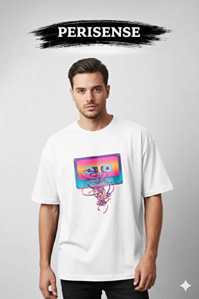 PERISENSE Unisex Iconic Cassette Printed Premium Combed Cotton Oversized T-Shirt