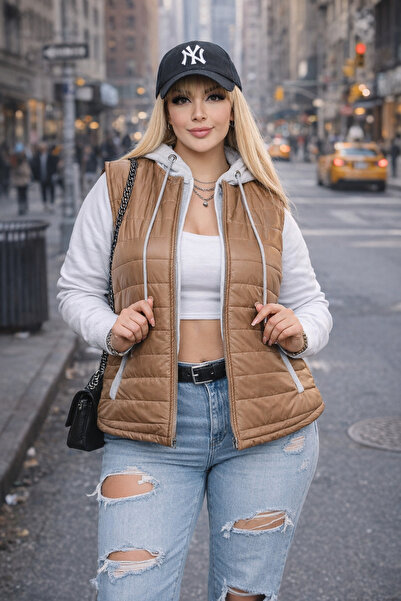 OYERGA MODA Women's Plus Size Camel Hooded Transitional Puffer Vest