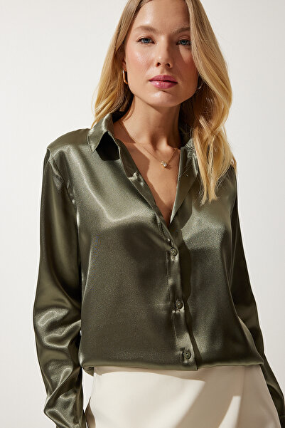 Venora Butik Kadın Koyu Haki Hafif Dökümlü Saten Yüzeyli Gömlek DD00990