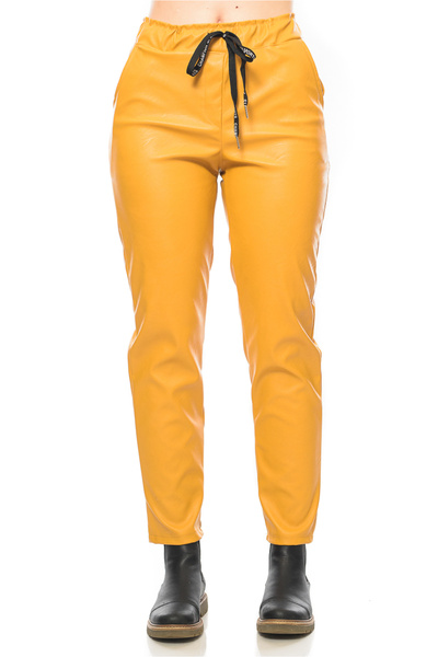 Jolenttine Pantaloni din piele ecologică, căptușiți pe interior, galbeni