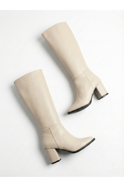 JOİN POLO Bej Cilt Kalın Topuklu Rahat Kalıp Fermuarlı Kadın Çizme