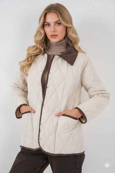 Yasmy Collection Kadın Krem Çıt Çıt Kapamalı Kadife Detaylı Kapitone Mont HZL...