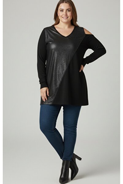 MODELİST Crystal Fabric Shiny Coating Faux Leather Stylish Plus Size Tunic