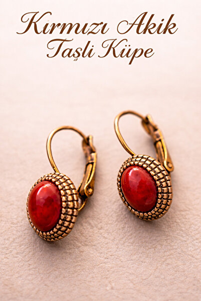 İyyaKee Kadın Bakır Küpe Doğal Kırmızı Akik Taşlı 0tantik Model Saf Bakır Küpe