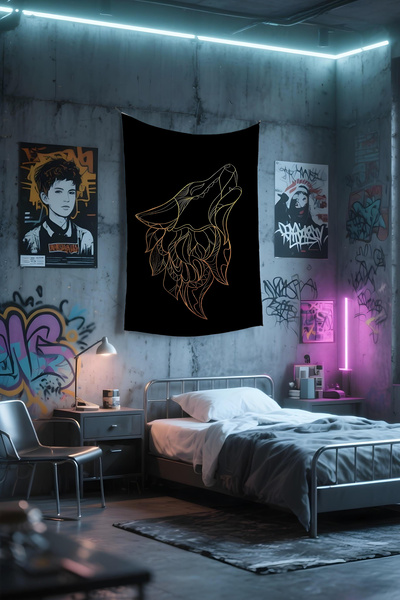 Etnik Dekor Digital Print Wallpaper with Howling Wolf Figure That Changes Color