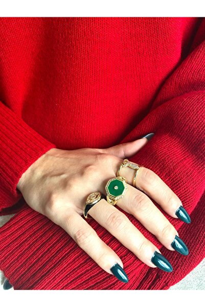 milayk Green Stone Detailed Gold Ring