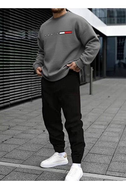 gencerco Unisex Paris Printed Horizontal Design Crew Neck Regular Sweathirt