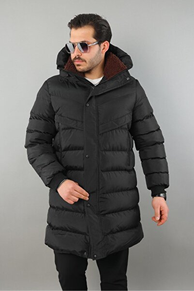 MODAEMAS Men's Hooded Long Puffer Coat with Fur Detail
