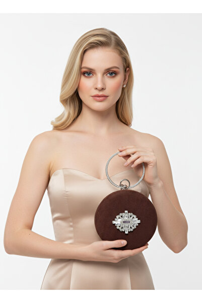 Biçanta Burgundy Silver Round Luxury Suede Crystal Stone Women's Evening Dres...